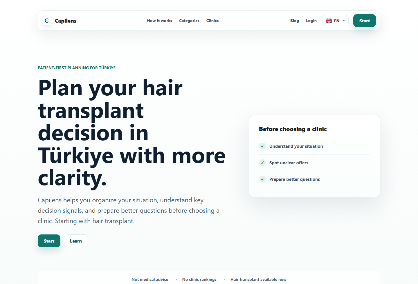 Capilens public homepage showing patient-first planning for hair transplant decisions in Türkiye.